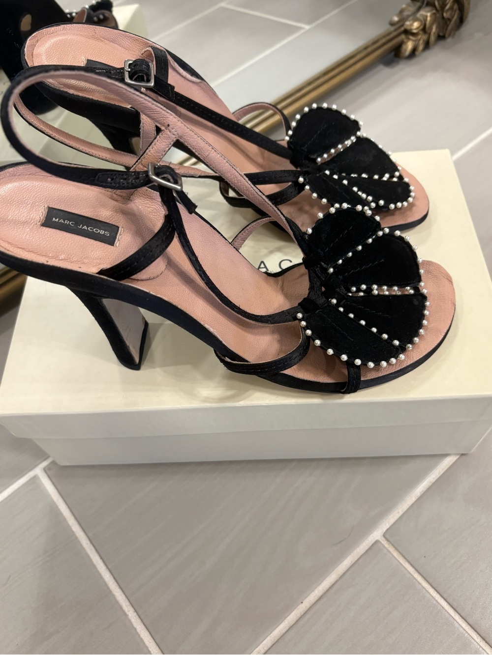 Marc Jacobs Black Velvet Pearl-Embellished High Heel Sandals with Pink Insole